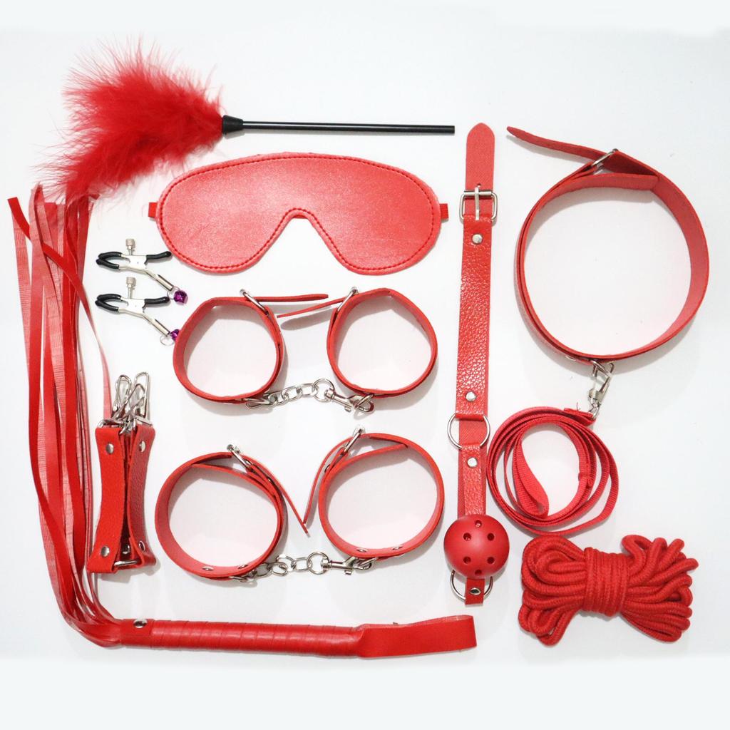 10-Piece Leather Bondage Set: Handcuffs, Collar & More for Couples