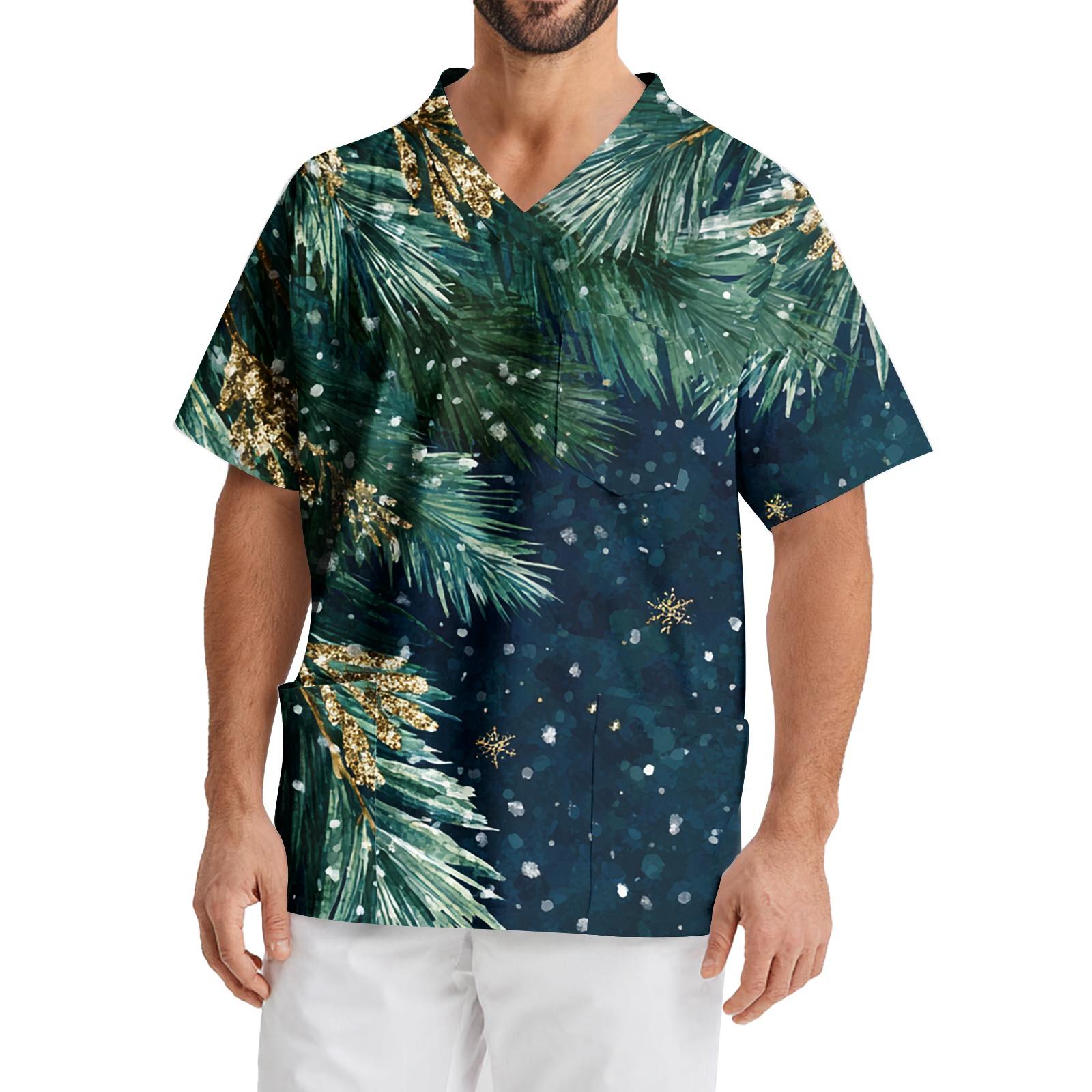 

Мужская рабочая блузка с короткими рукавами и v-образным вырезом с принтом, топ с нагрудным карманом L тёмно-синий