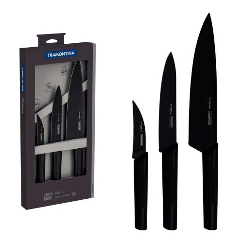 Tramontina Nigma Antibacterial Ultralight Black Knife Cutlery Set of 3, Durable Heat-Resistant Stainless Steel with Triple Heat Treatment, Boxed, Anti