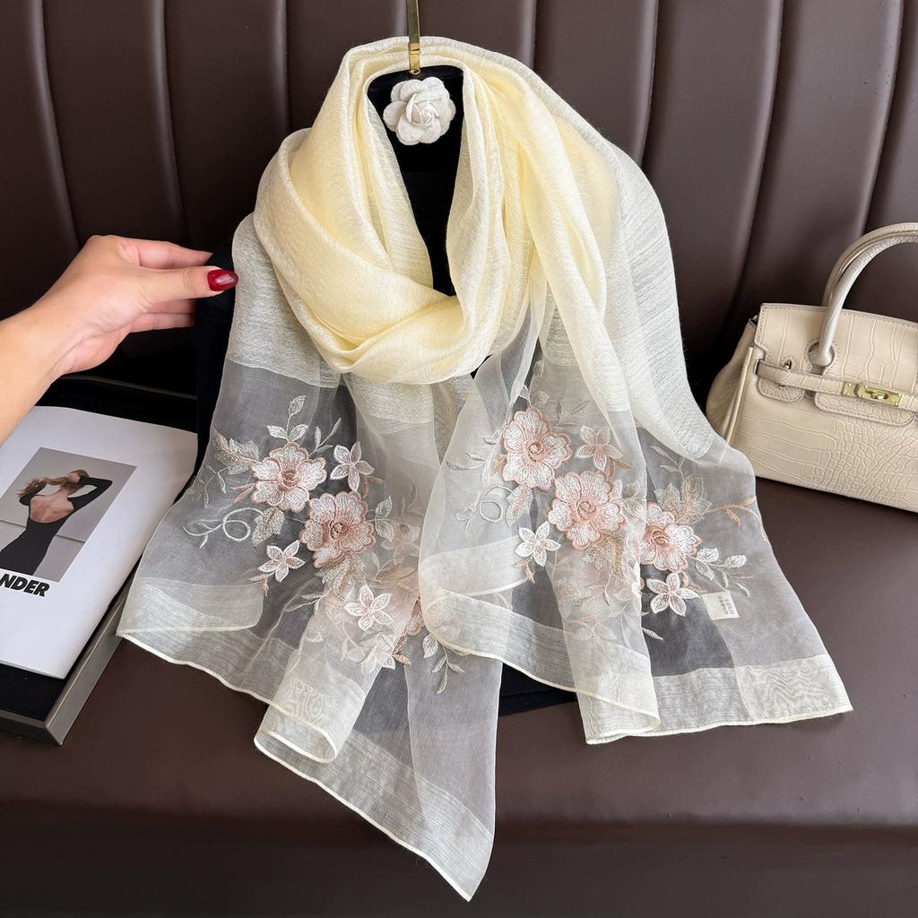Damen Seidenwollschal Floralstickerei Hijab Damen Foulard Frühling Sommer Dünne Pashmina Schals Wickel Bufanda Kopftuch