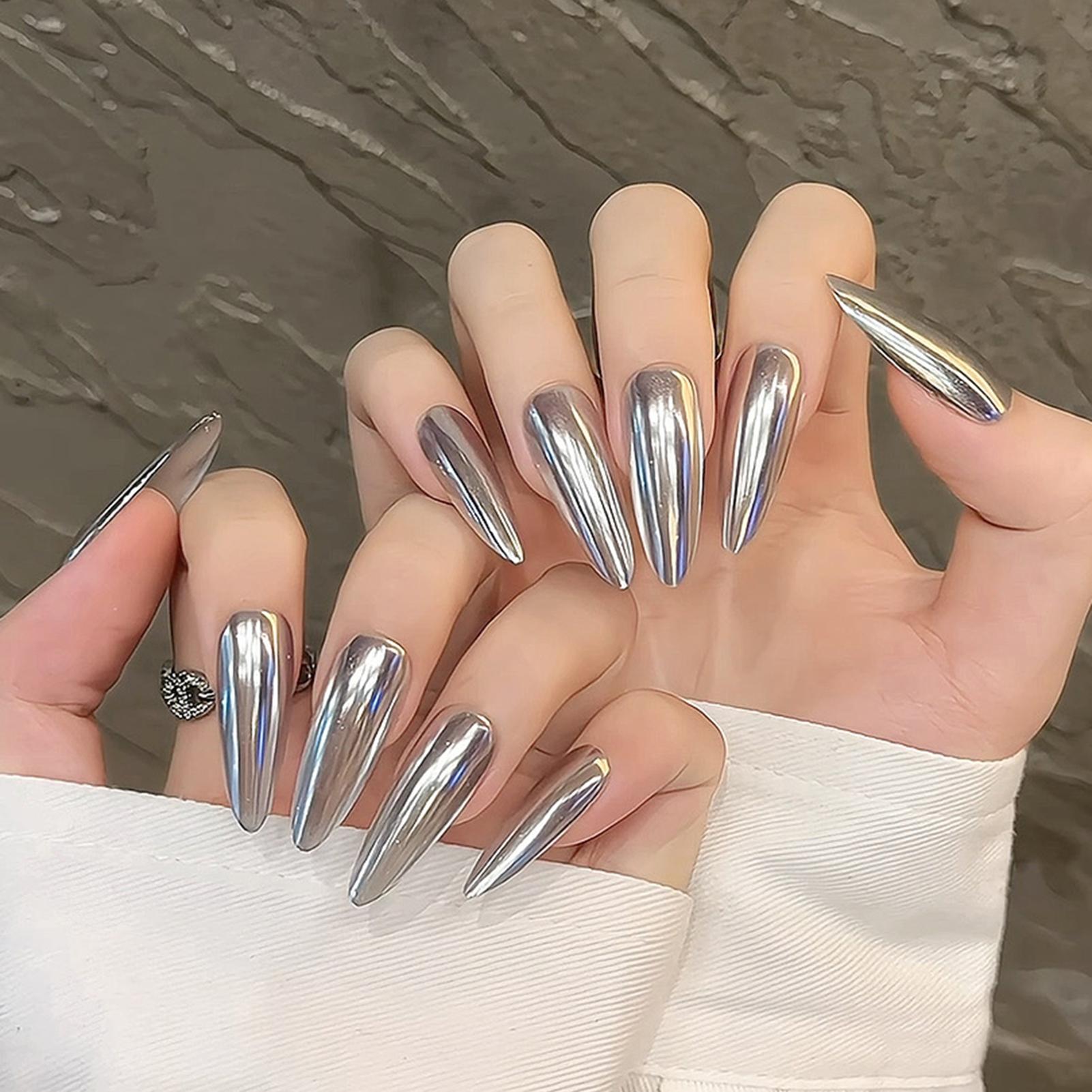 10Pcs Long Pointed Oval Black Silver Mirror Handmade False Nail Tips XS серебряный
