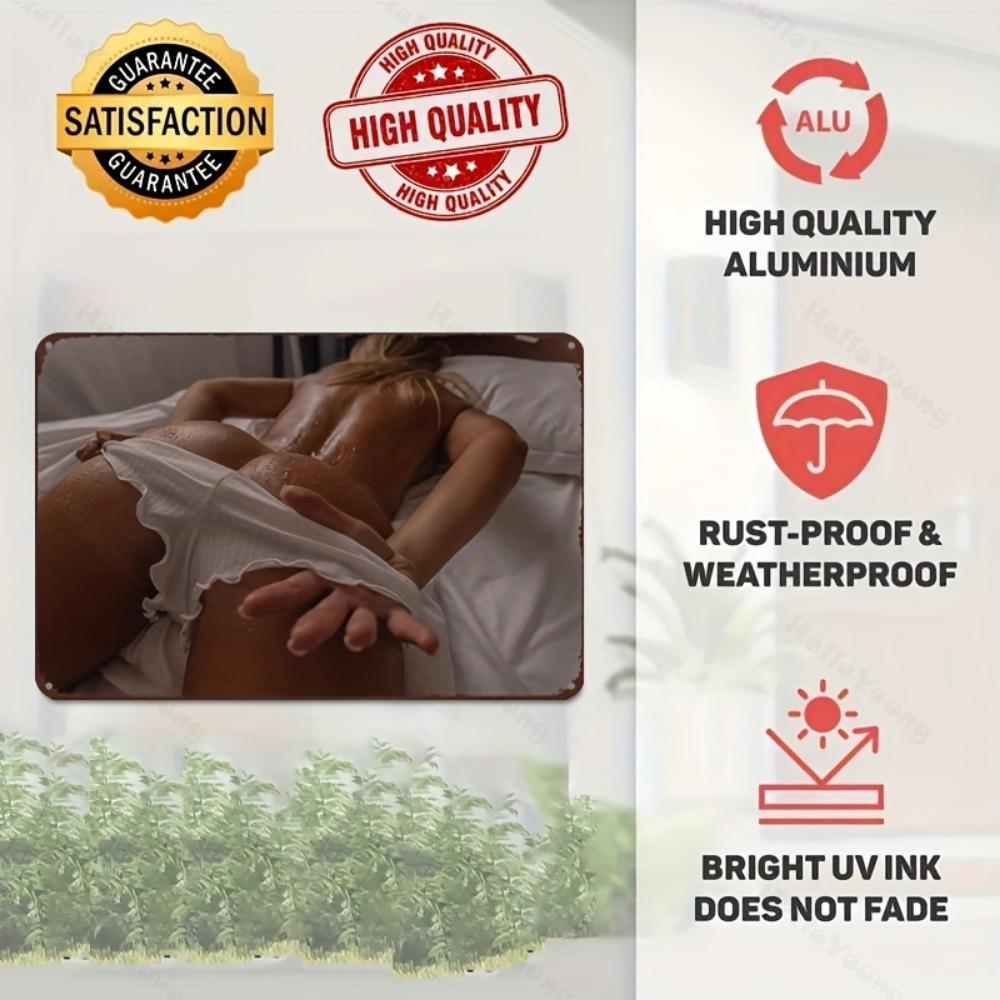 Aluminiowy obraz ścienny przedstawiający spocone pośladki dziewczyny, odporny na warunki atmosferyczne i wytrzymały. Element dekoracyjny do domu, ogrodu, klubów, łatwy do zamontowania w dowolnym miejscu.