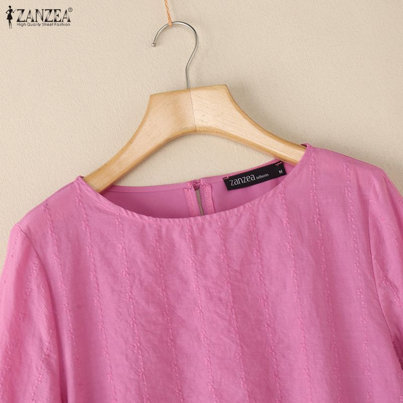 ZANZEA Women Casual Round Neck 3/4 Sleeve Loose Embroidery Patchwork Blouse