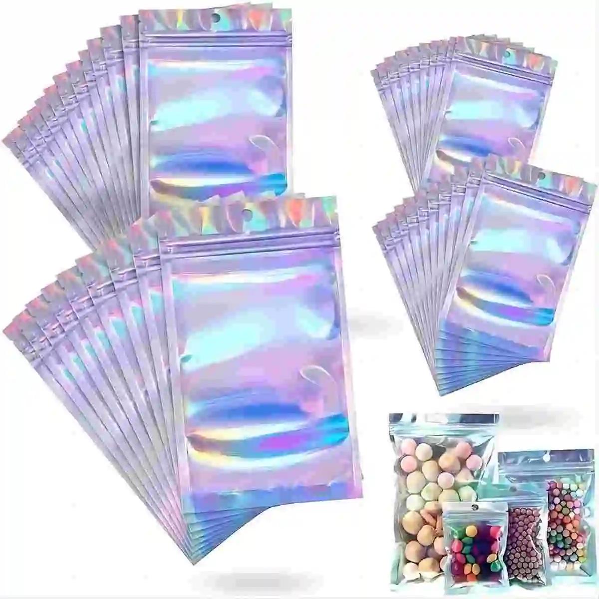 100-piece holographic bag, multi-size laser rainbow pattern self-sealing bag, suitable for candy bag and front window samples 6x10cm&Other