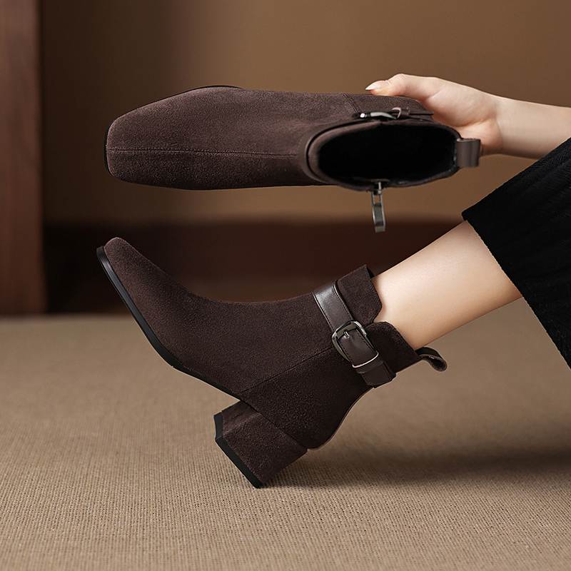 Krazing Pot Cow Suede Nubuck Square Toe Thick Heels Chelsea Boots Size 42 Zip Beauty Lady Women Ankle Boots