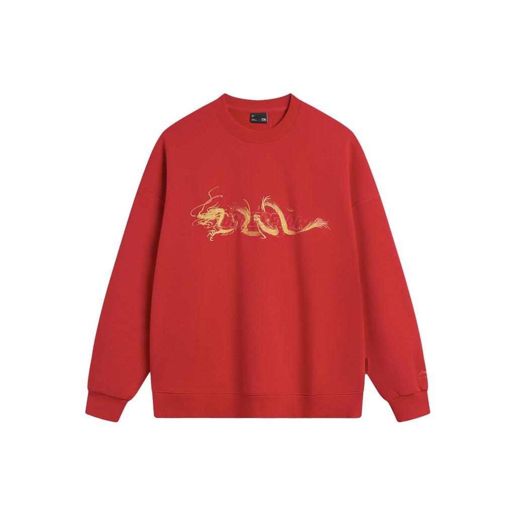 Li Ning CF Dragon Descendants Pattern Printed Pullover Round Neck Long Sleeve Knitted Sports Sweatshirt Men Sweatshirt Agate-Red AWDU813-2