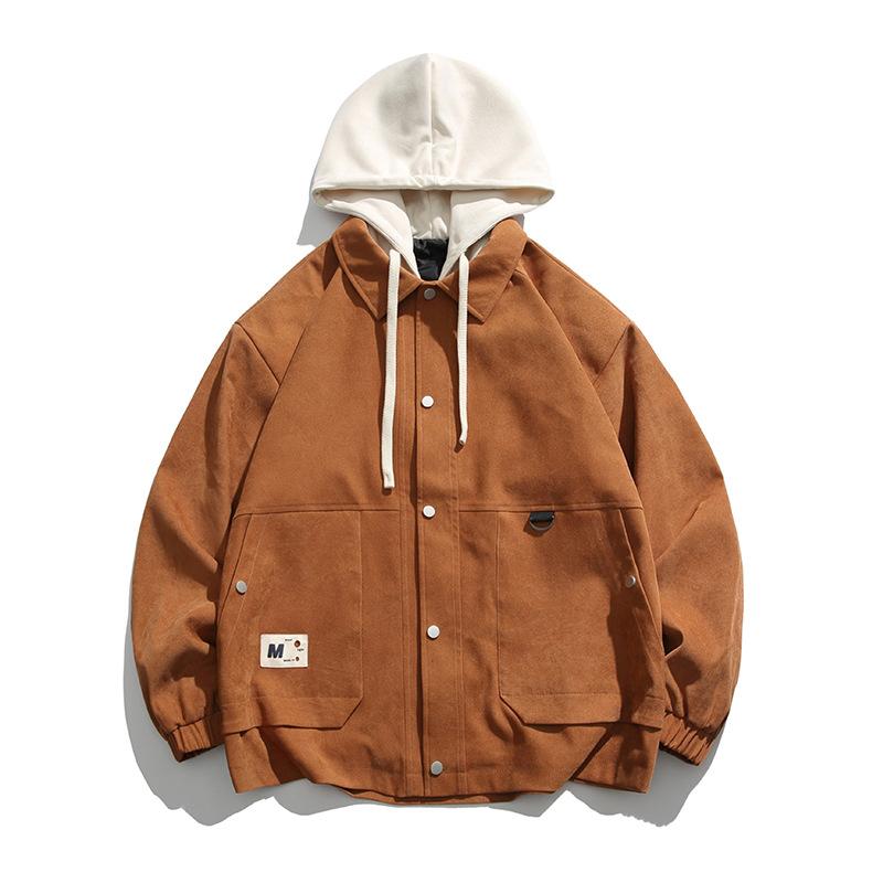 Spring and Autumn New Jacket Hooded Fake Two-piece Trendy Loose Casual Jacket Workwear Couple Fashion Jacket Men