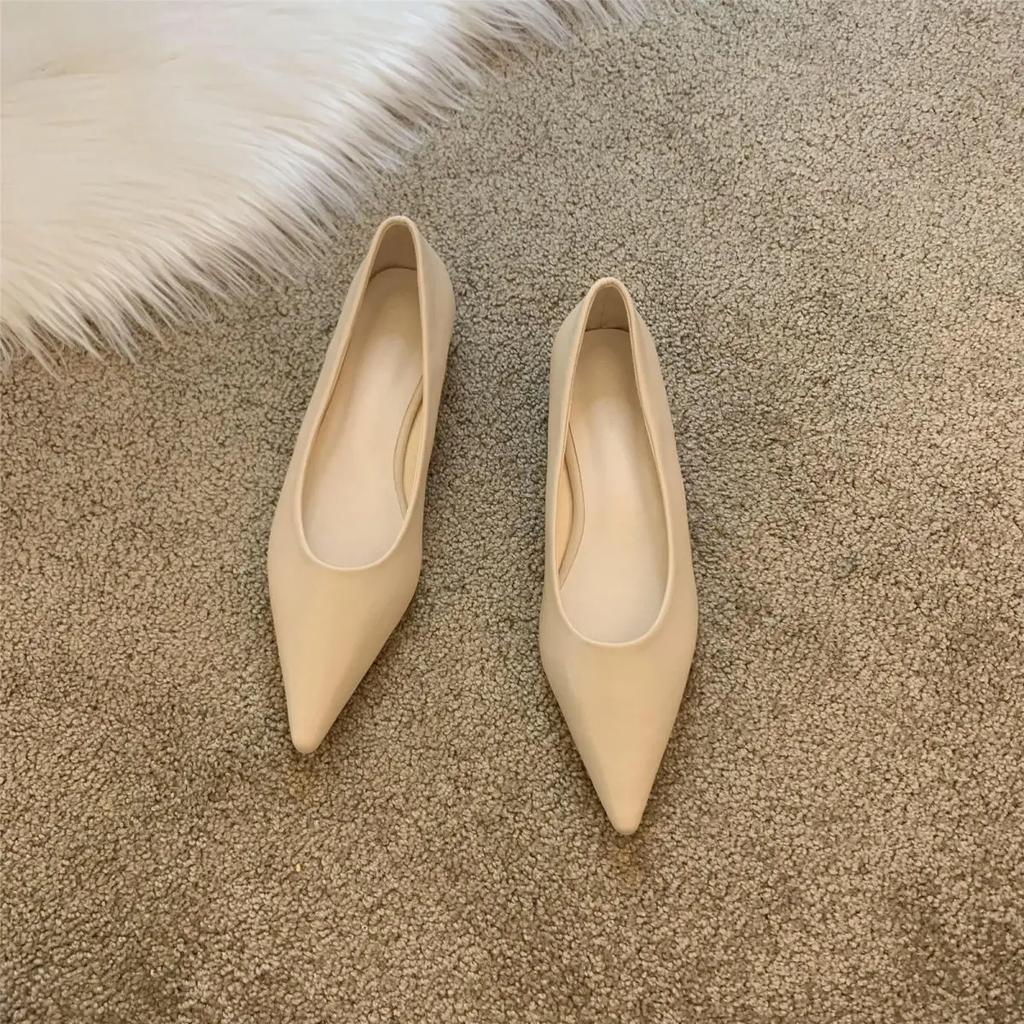 Office Shallow Pointed Toe Beige Fashion Leather Casual Shoes For Women Low Heel Elegant Woman Footwear Genuine Mark Wholesale L