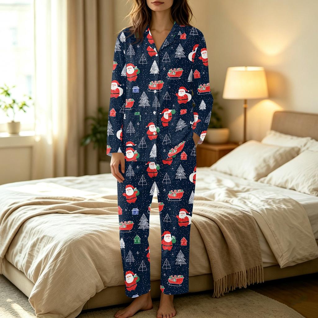 Women's Christmas Print Set, Long Sleeve Top and Long Pants Casual Fashion