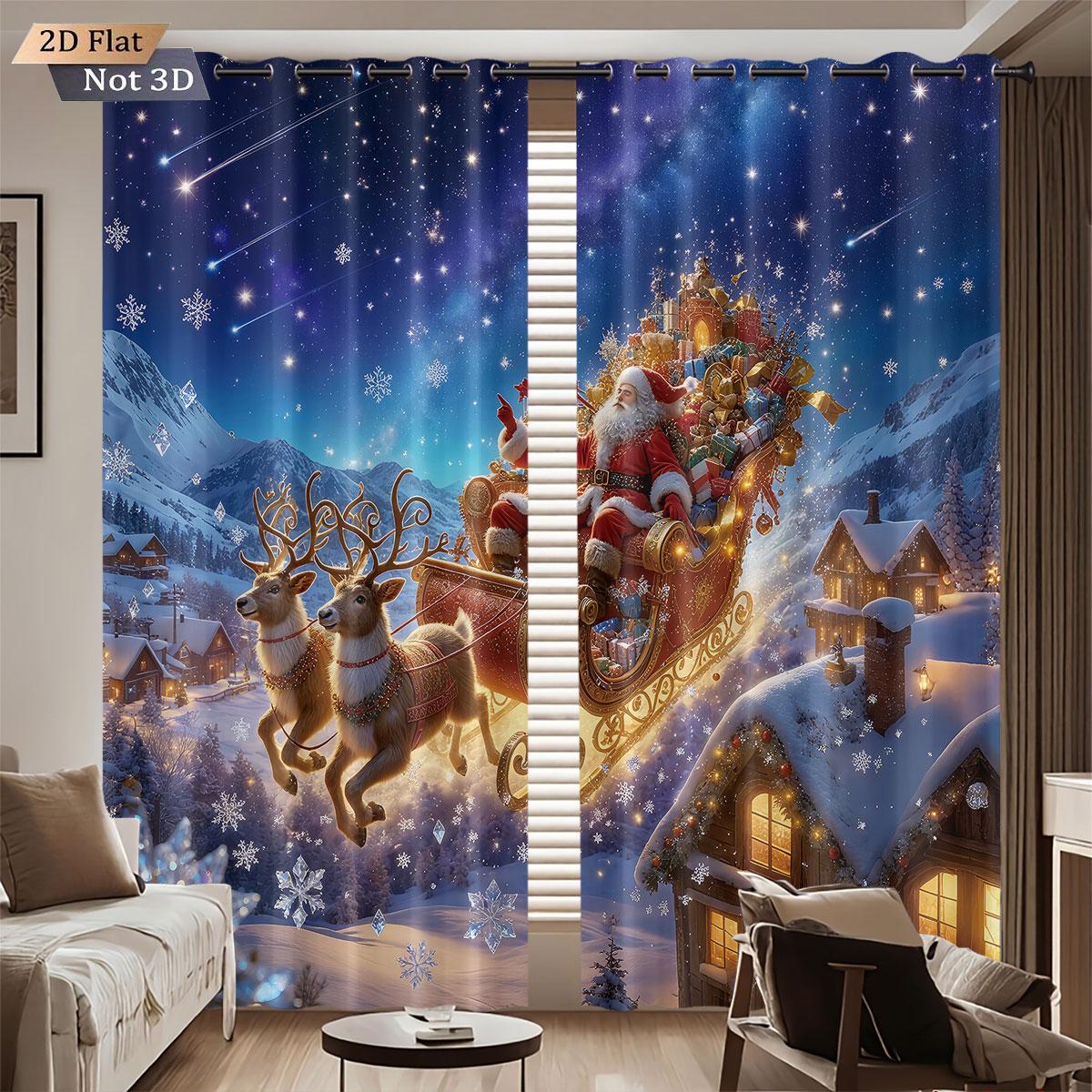 

2 Santa Claus Sled Print Perforated Blackout Curtains Multiple Size Living Room Bedroom Insulation Decoration Machine Washable 140x160&Grommet Top