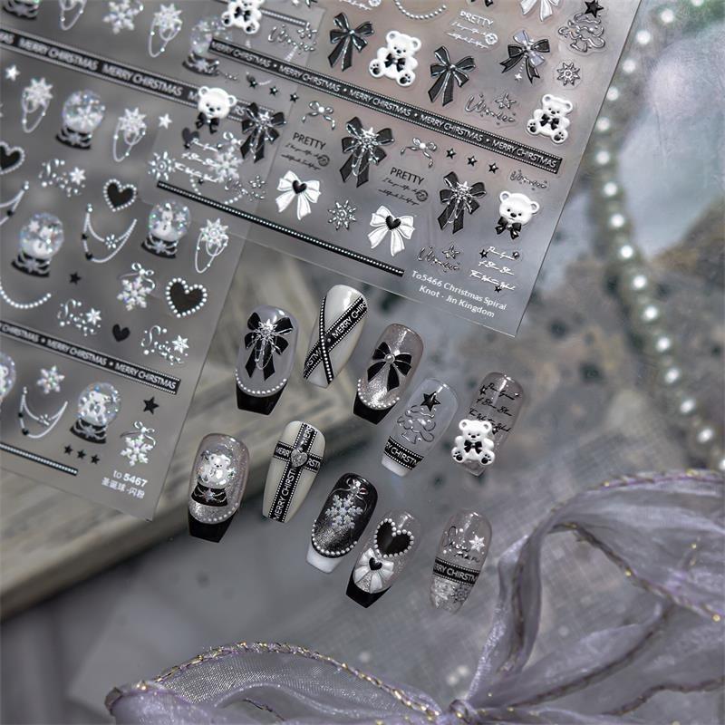 Pretty Snowflake Bow Crystal Ball Nail Art Sticker Embossment Self Adhesive Nail Sticker New Year Christmas Manicure Decals Gift
