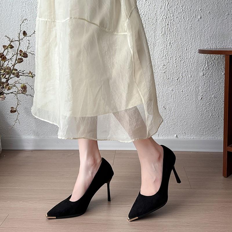 New Fashion Women's Shoes Sexy Black High Heels Sharp Pointed Suede Pumps Elegant Shallow Mouth Etiquette Shoes Mujer Zapatos