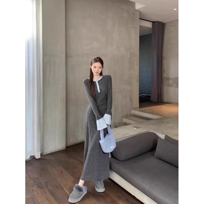 

Korean Style Color Block Half-Open Collar Knit Dress: Women s Autumn/Winter Hip-Hugging Long Skirt with New Niche Design. Large темно-серого