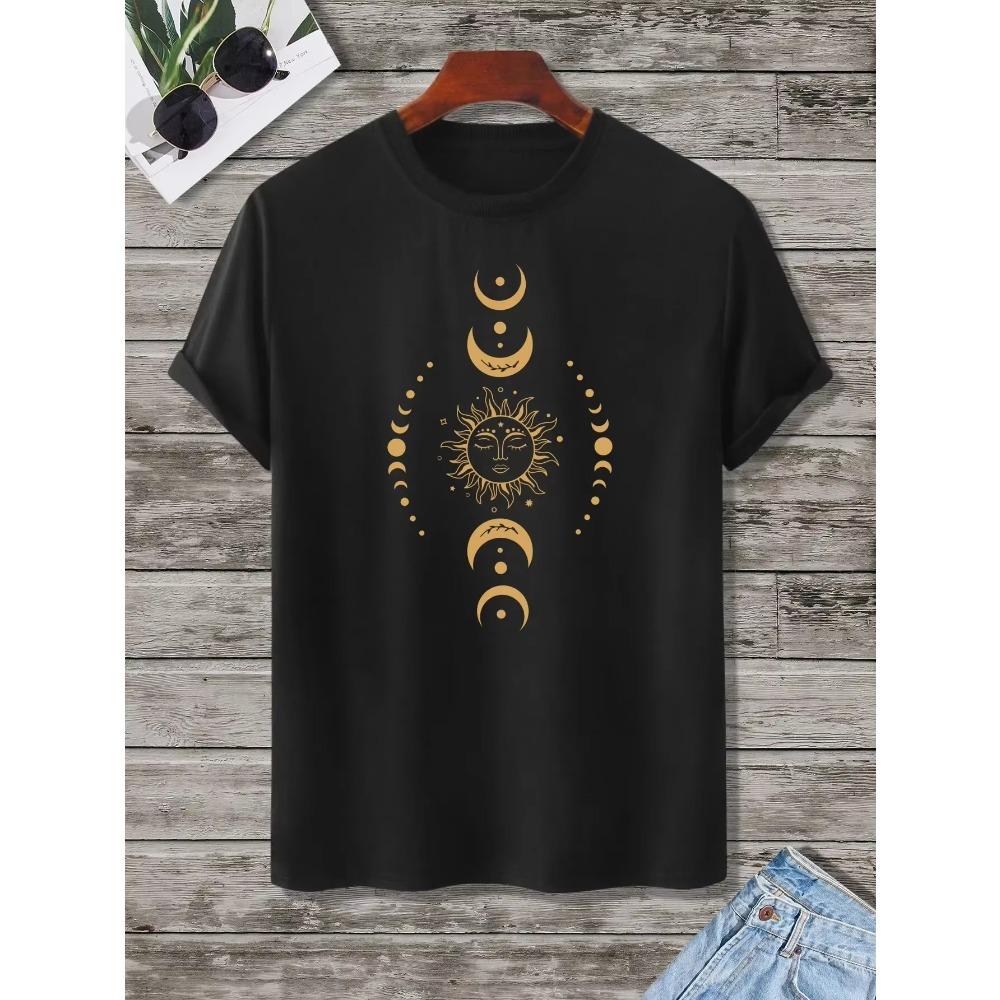 Sun & Moon Print T-Shirt for  Men's Casual Crew Neck Short-Sleeve  Fashion Summer T-Shirts Tops, Men's Outfits Tee