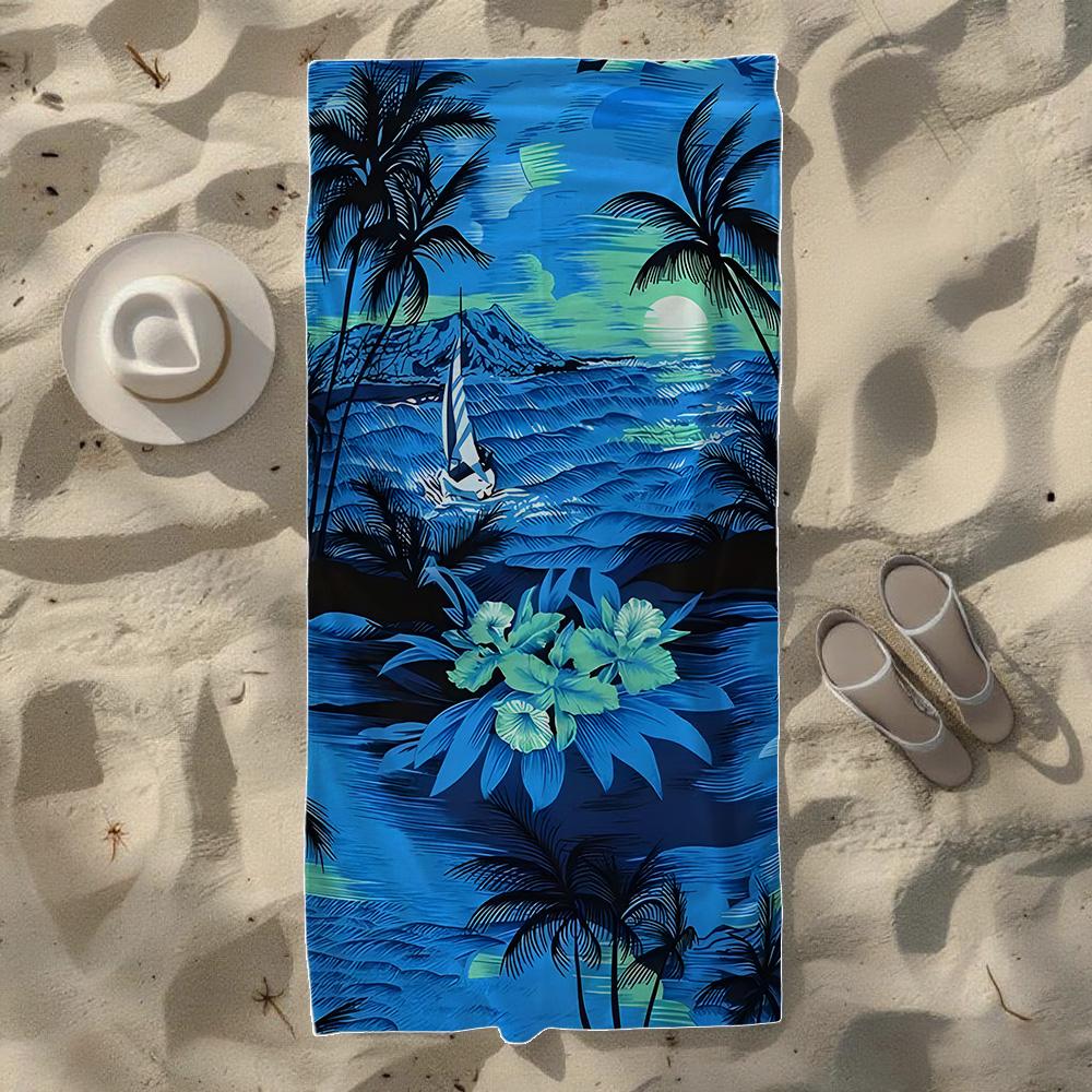 Tropical Palm Tree & Beach Scene Beach Towel, Soft Durable Quick-Drying, Ideal For Summer Beach, Swimming & Camping