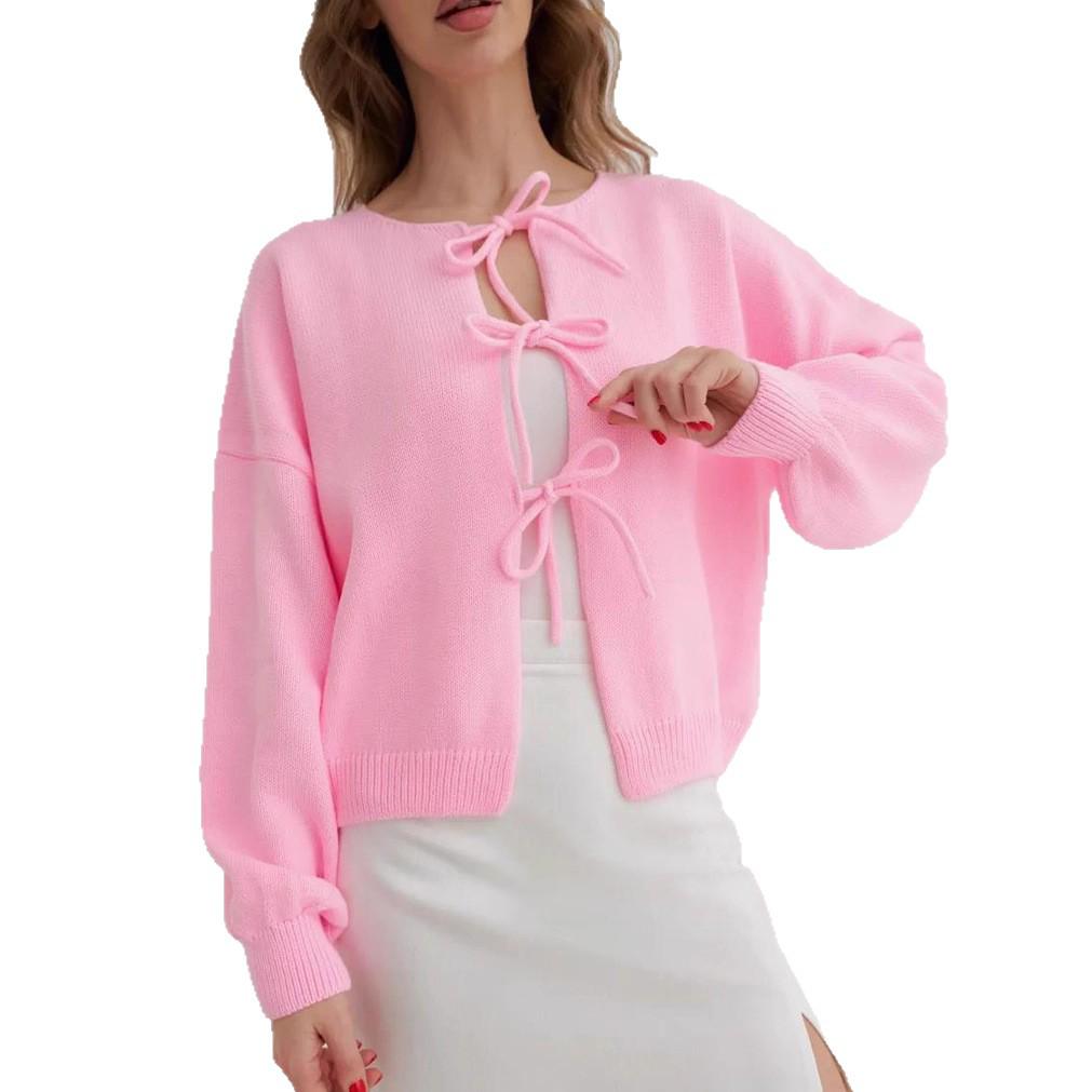 2025 Autumn/Winter European and American Women's Casual Loose Cardigan Tie Solid Color Knitted Sweater