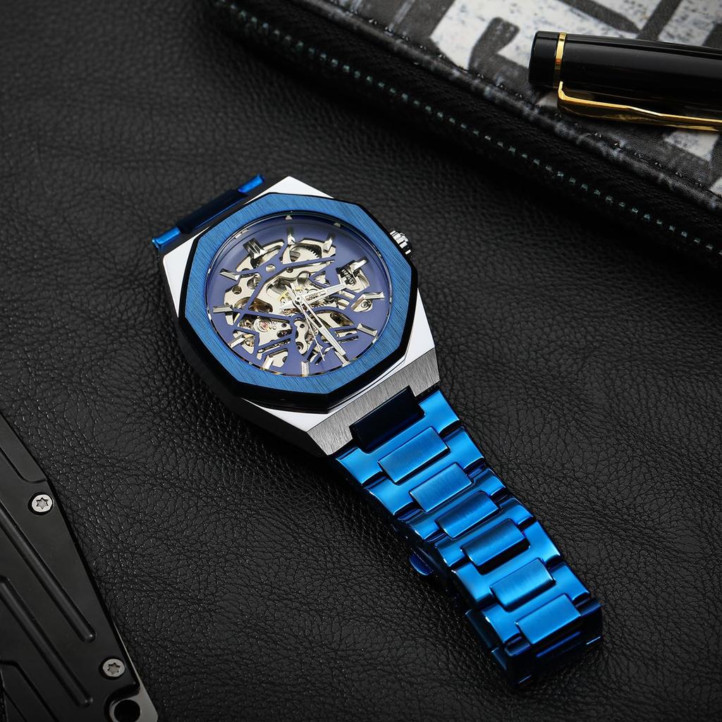 BOLYTE Men's Mechanical Automatic Watch with Octagonal Case and Stainless Steel Band, Skeleton Design, Silver Blue, Classic Design
