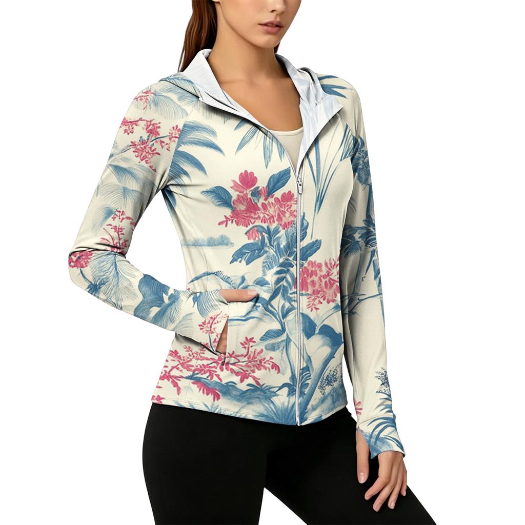 Women's Lightweight Zip-Up Hoodie with Hood and Pockets Hawaiian Print Long Sleeve Sun Protection Jacket for Outdoor Activities