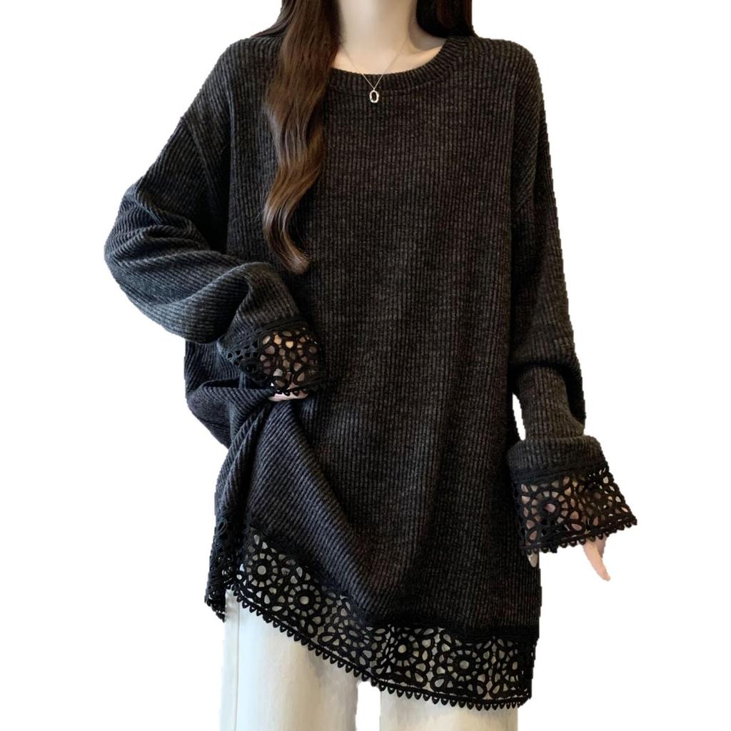 Plus Size Long Sleeve Lace Patchwork T-shirt - Autumn/Winter Slimming Design for Women