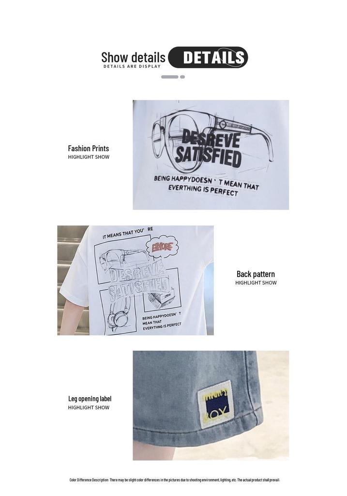 Set T-shirt in Cotone e Pantaloncini in Denim Stile Coreano per Ragazzo - Abbigliamento Casual Estivo