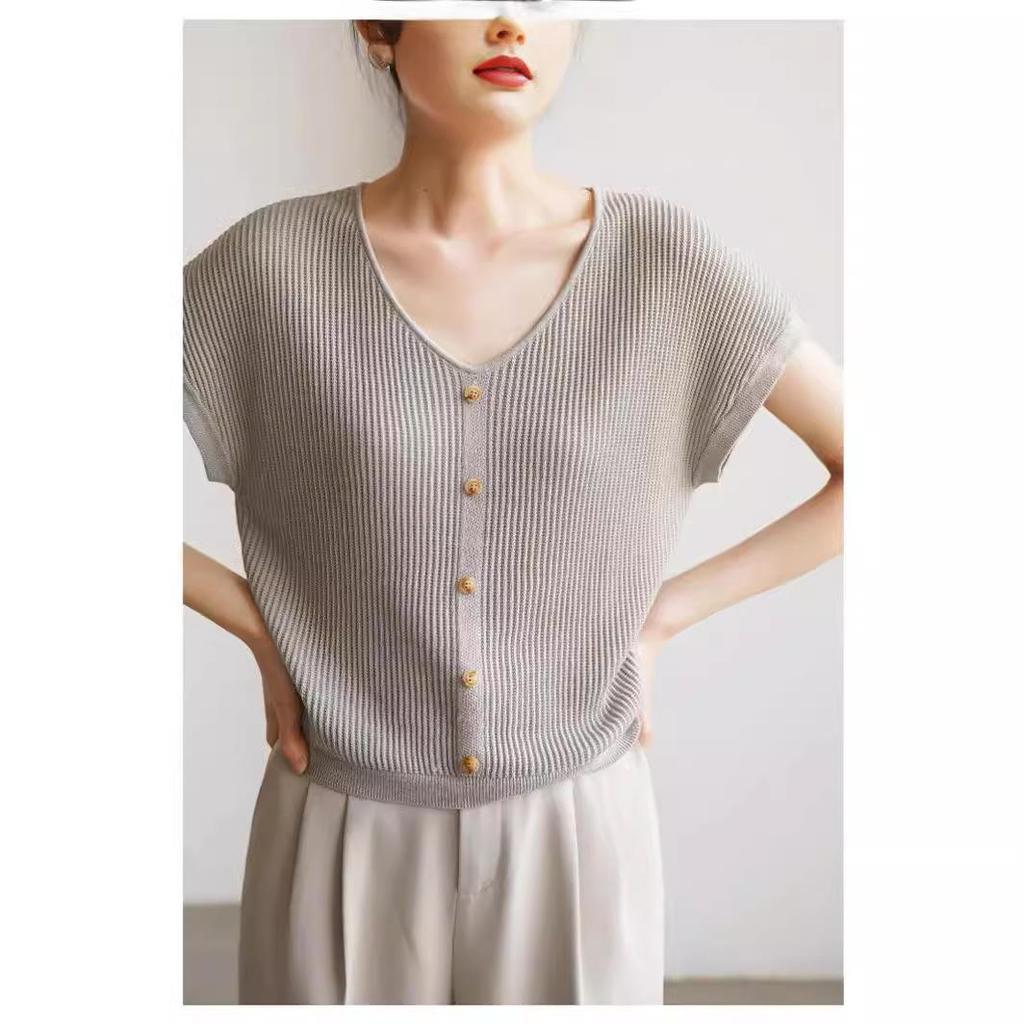 Exquisite French Retro Ice Silk V-Neck Knitted Summer T-Shirt for Women