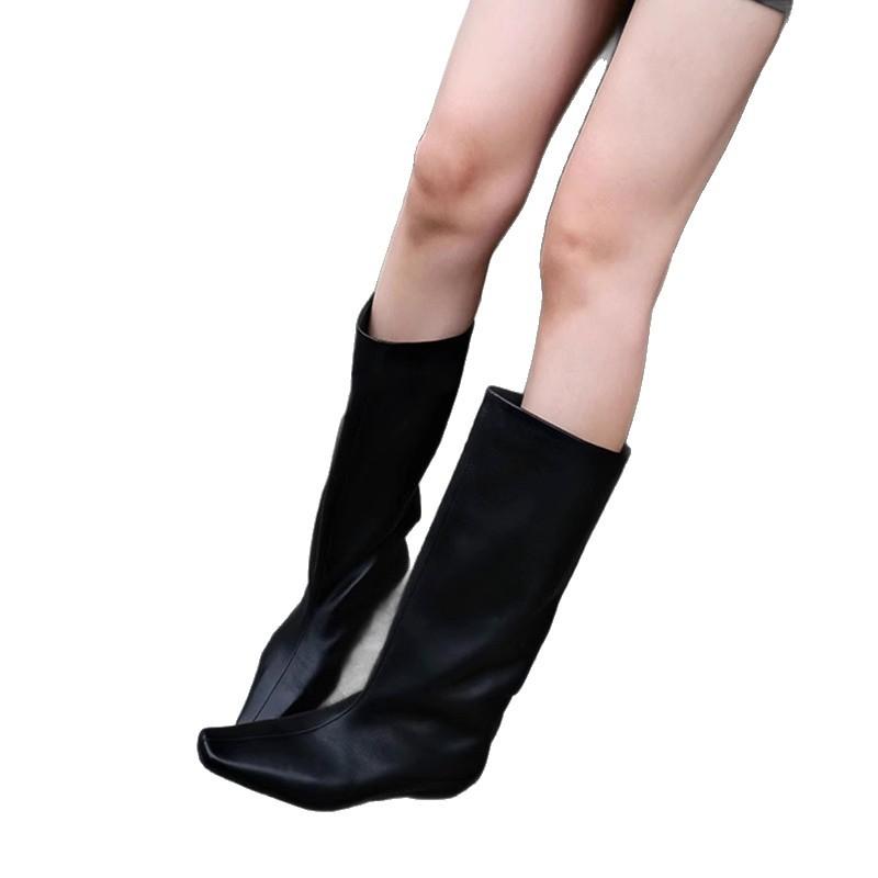 Cowhide version~ autumn and winter new Korean version of simple square head versatile temperament low heel knight boots women's sleeve medium boot