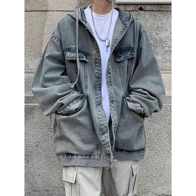Men's Washed Distressed Denim Hooded Cardigan - Spring/Autumn Loose Fit Jacket for Couples