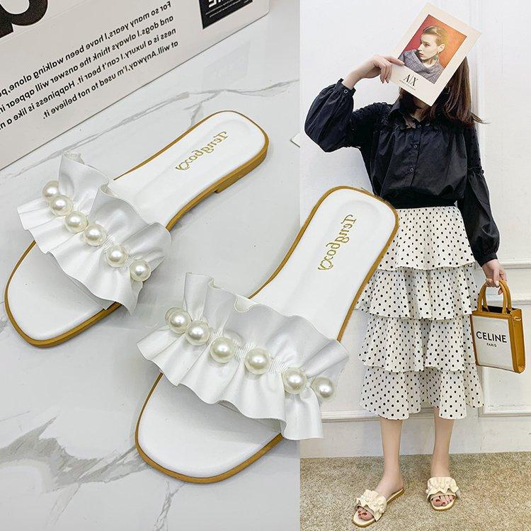 Fashion Women Slides Faux Pearl Decor Ruffle Trim Sandals Open Toe Wear-resistant Flat Slippers Summer Sandy Beach Sandals Women Shoes