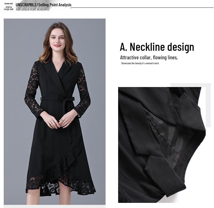 Black Hepburn-Style Patchwork Lace A-Line Dress - Plus Size, Mid-Length, Autumn/Winter Collection