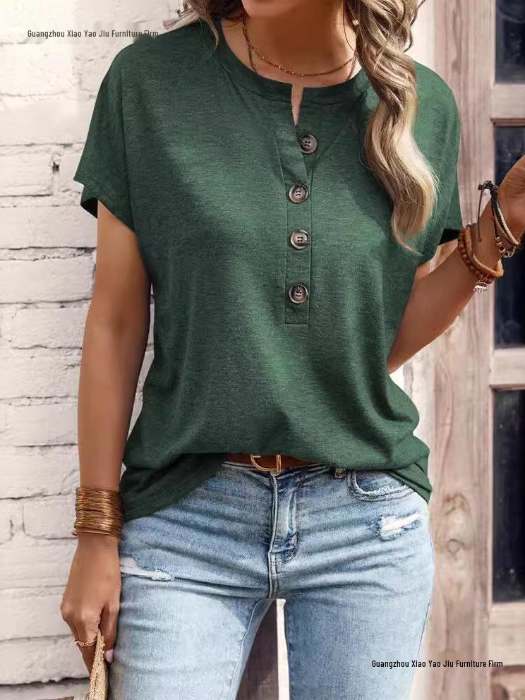 European & American Style Women's Solid Color Button Short Sleeve T-Shirt - Spring/Summer Collection