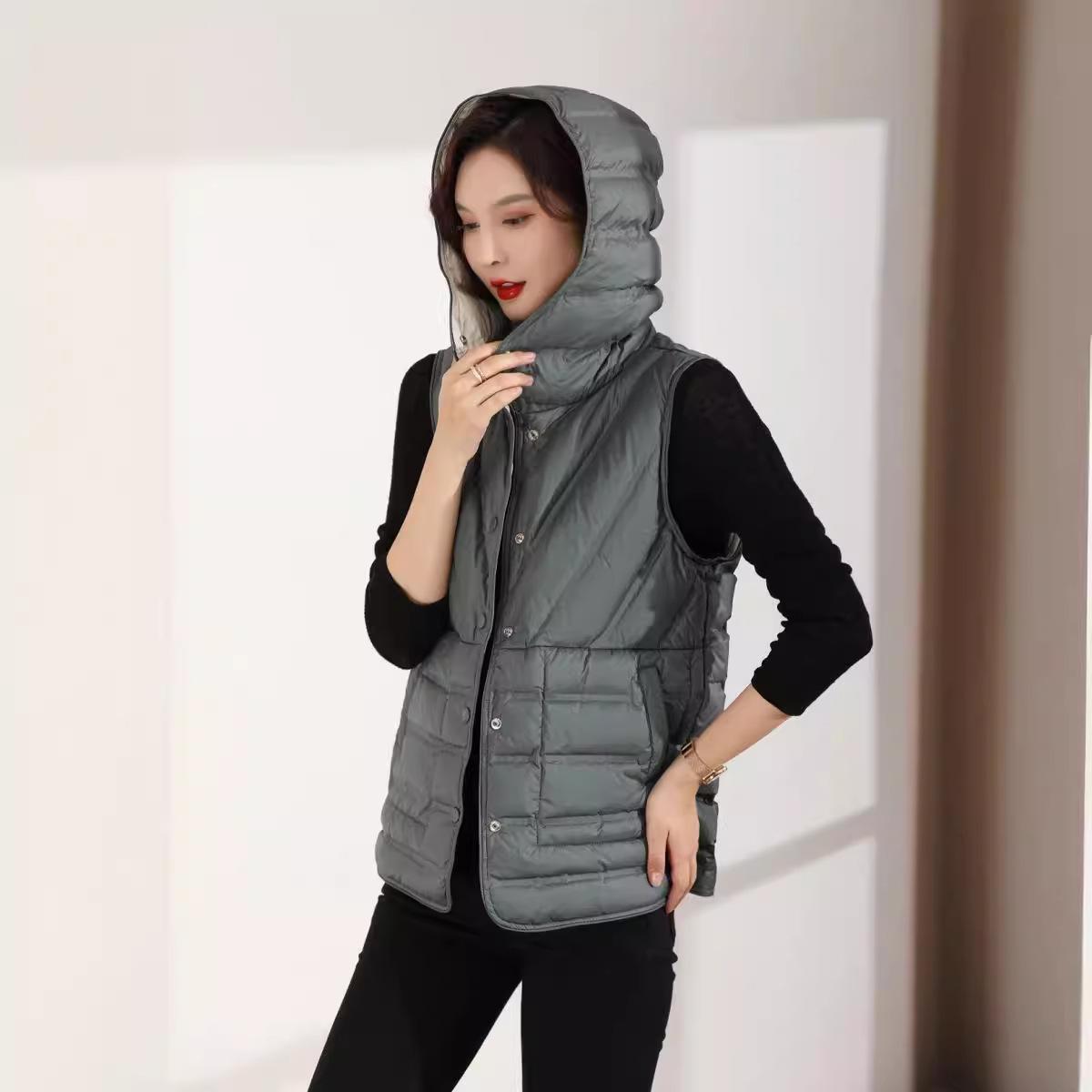 

Женская легкая термокуртка без рукавов с капюшоном из белого утиного пуха, универсальная двусторонняя шикарная жилетка XXL зелёный