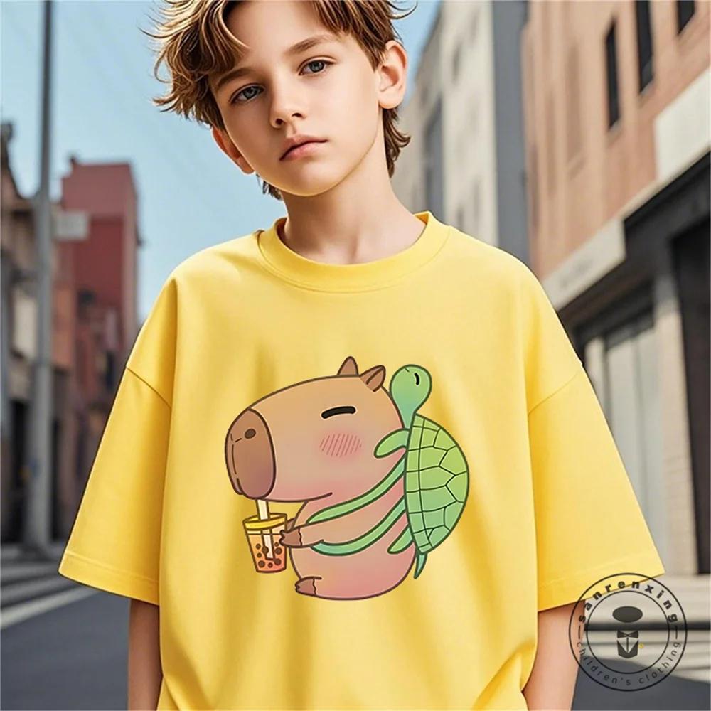 Vară Nouă Tendință Imprimeu Capibara Drăguț Tricou cu Mânecă Scurtă pentru Copii Drăguț Confortabil Versatil Tricou pentru Băiat și Fată