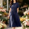 Women Casual Linen Cotton Dress Short Sleeve Shirt Dress with Button Front Waist Drawstring Midi Length Summer Dress