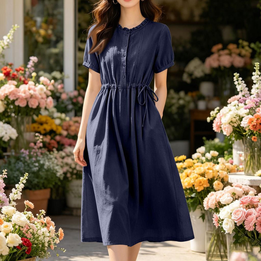 Women Casual Linen Cotton Dress Short Sleeve Shirt Dress with Button Front Waist Drawstring Midi Length Summer Dress
