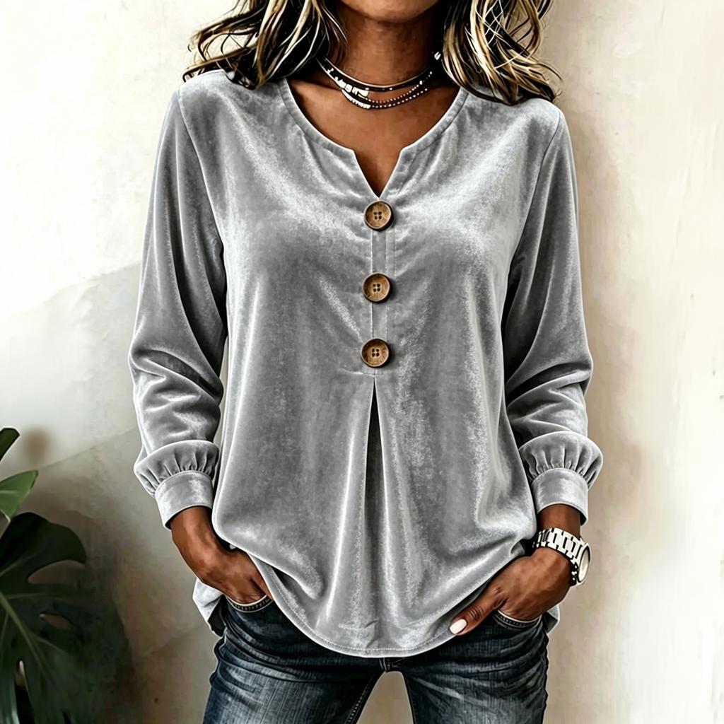 Blouse Haut Top Velours Élégant à Boutons sur le Devant et Manches Longues pour Femme