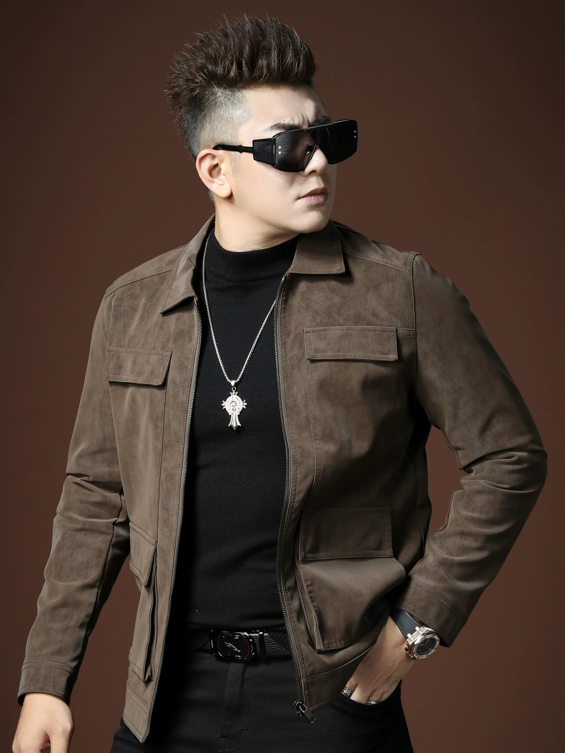 European Goods 2025 Autumn New High-End Lapel Leather Jacket Men s Outerwear Trendy Brand Stylish Motorcycle Jacket Men s Leather Jacket L хаки