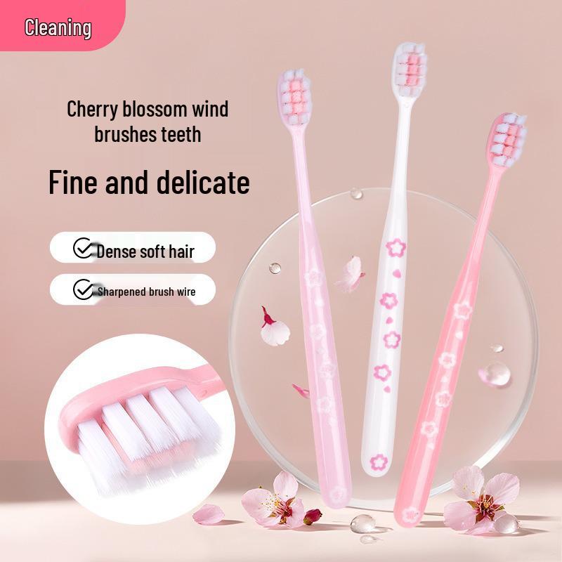 Cherry Blossom High-Density Soft Bristle Toothbrush for Adults - Ultra Soft Gum Protection, Special Design for Girls Pack of 5