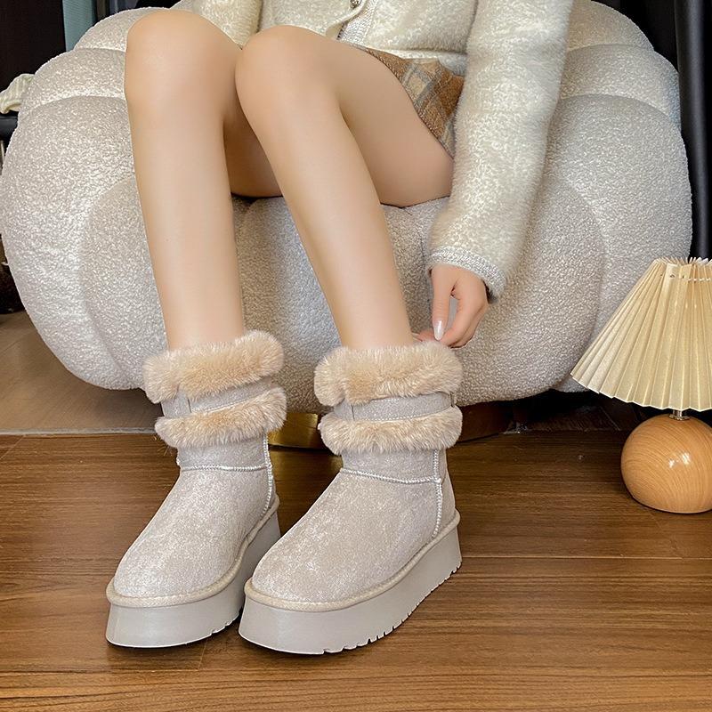Women's fur as one thick bottom heightening hairy mouth winter lightweight one-step warm snow boots non-slip wear-resistant casual sports cotton boots
