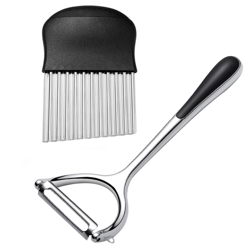 2 Stück Gemüseschäler Kartoffelschneider Wellenmesser Pommes Frites Karotten Zwiebeln Hobel Halter Gemüseschneidwerkzeuge Küchenhelfer