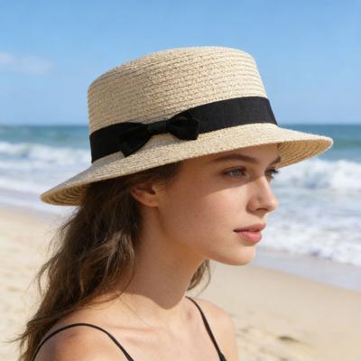 Beach Straw Hat Flat Top Wide Brim Sun Protection Hat with Black Ribbon Bow Hand-Woven Breathable Summer Hat