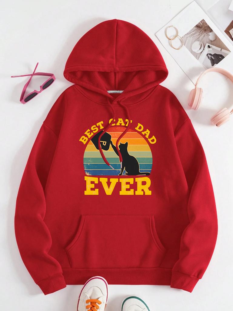 Best Cat Dad Ever Pattern Womens Hoody Hip Hop Fleece Hoodies Pocket Loose Y2K Clothes Casual Autumn Multicolor Pullover