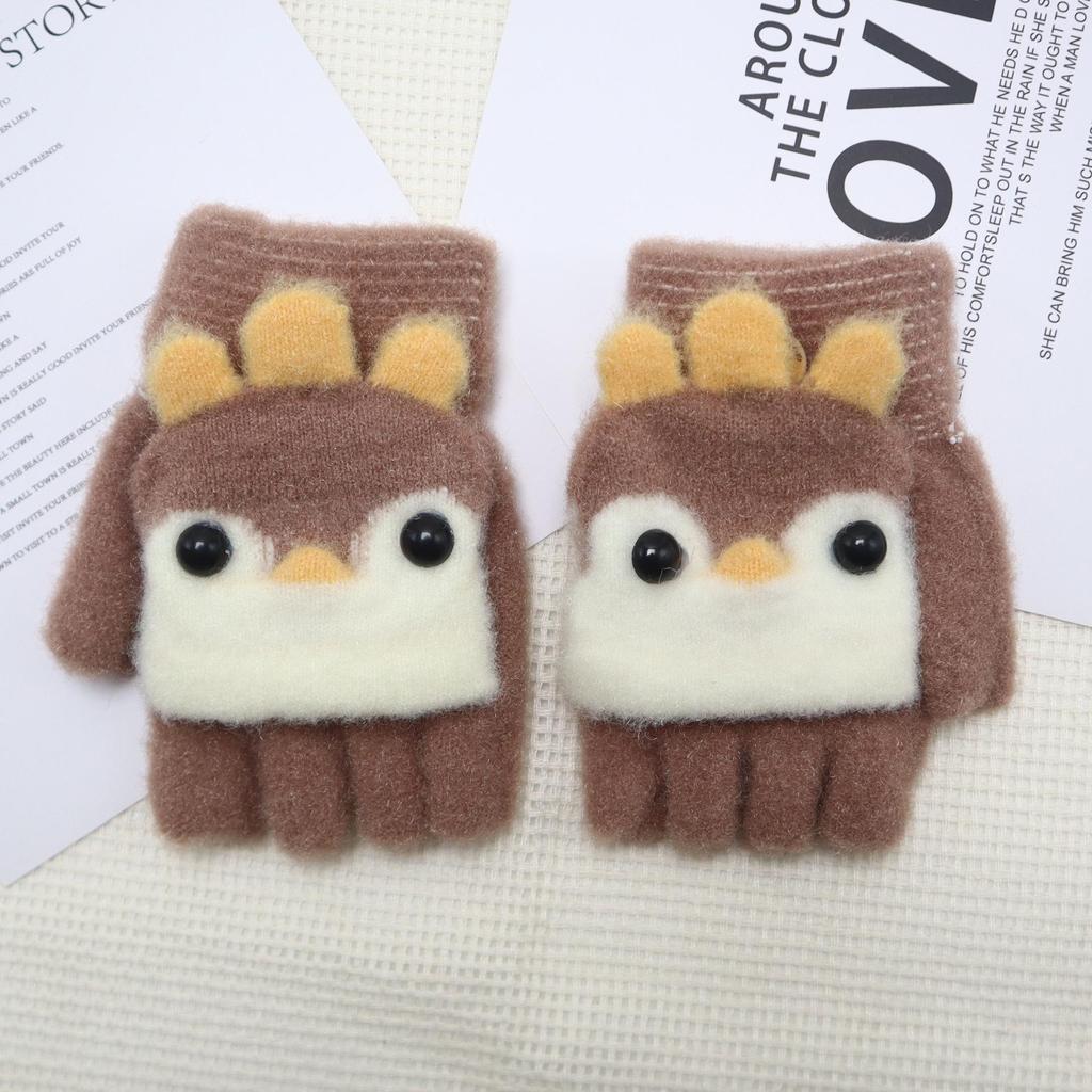 Kids' Warm Knitted Wool Half-Finger Flip-Top Gloves – Cute Chick Design for Writing in Winter