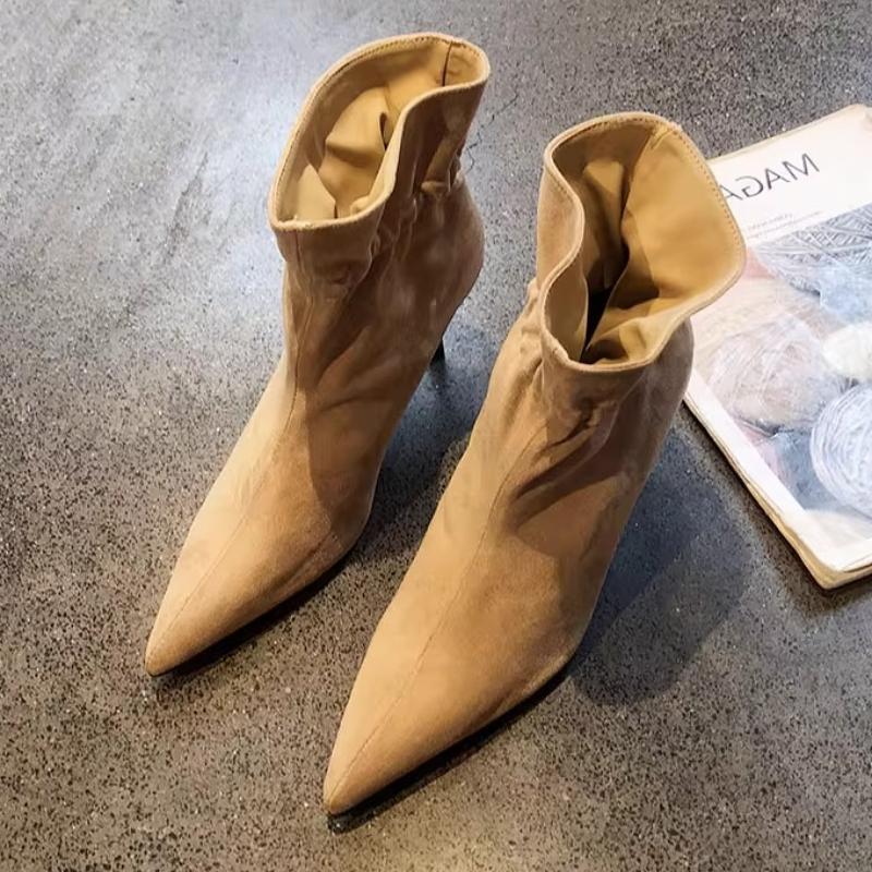 

Retro Brown Faux Suede Boots Women Fashion Pointed Toe Pleated Design Ankle Boots Comfortable Soft Leather Thin Heel Modern Boot 35 бежевый