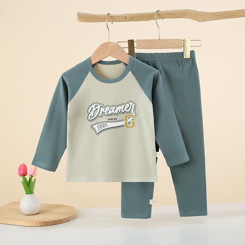 Children Cotton Raglan Long Sleeve Top and Pants Set Boys Girls Thermal Underwear for Spring Fall