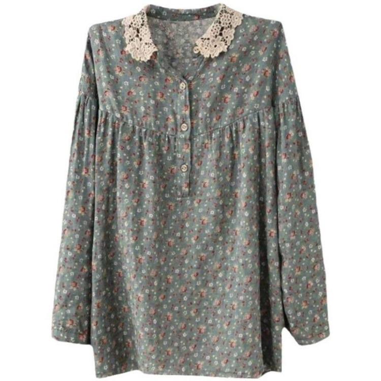 Vintage Floral Print Cotton Linen Blouse for Women Asian Size Long Sleeve Top Casual Lace Patchwork Collar Artistic Autumn Button Shirt