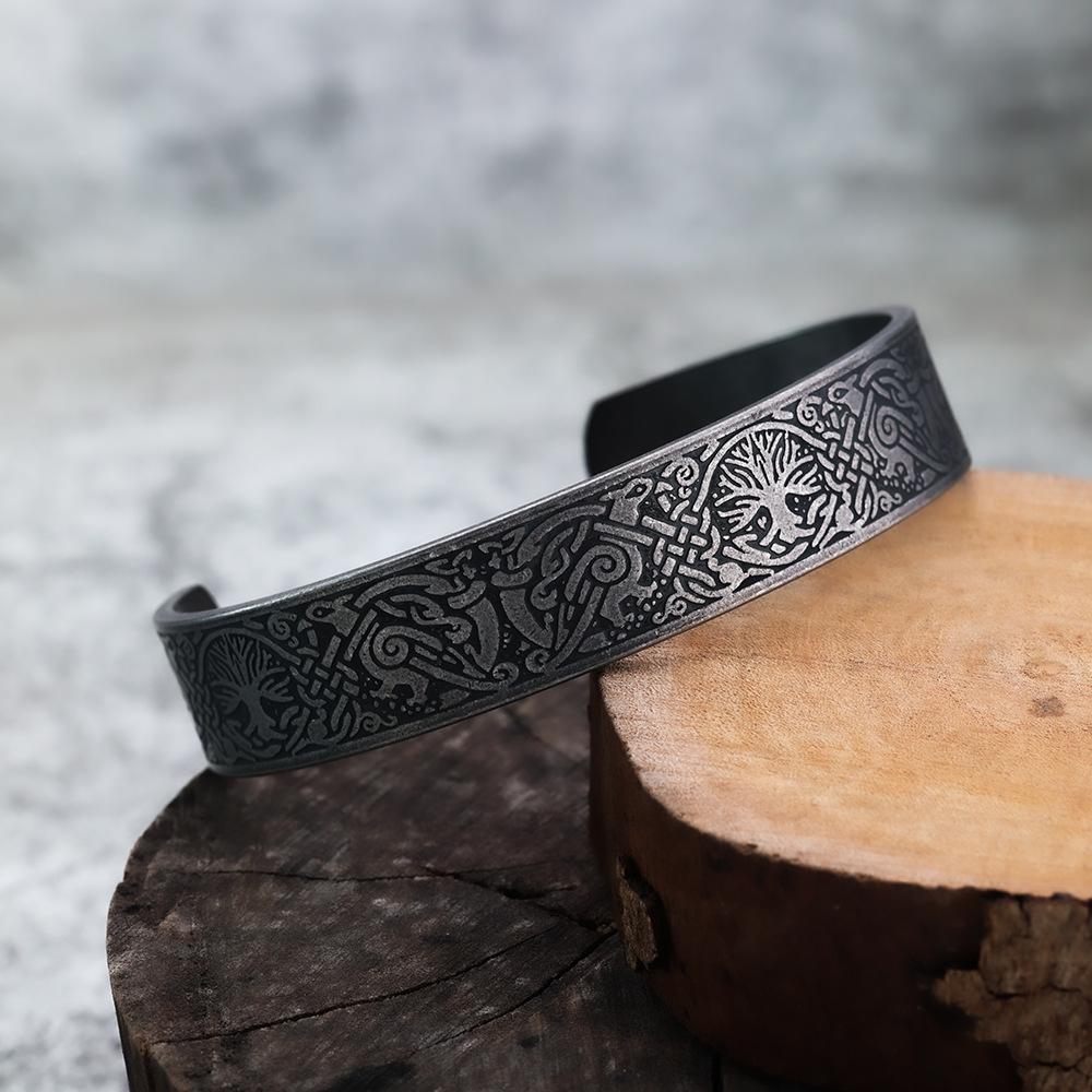 Viking Style Men's Bracelet With Celtic Wolf And Tree Of Life Design Titanium Steel Jewelry