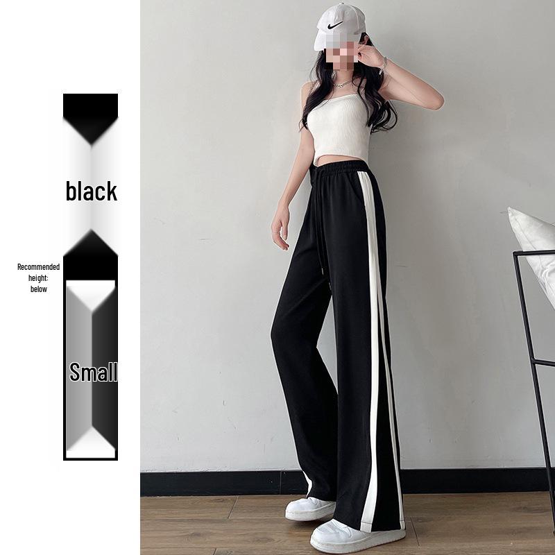 Women's Ice Silk Wide-Leg Sports Pants - Black, Thin, Straight, Loose, Casual Style for Spring, Summer, and Autumn