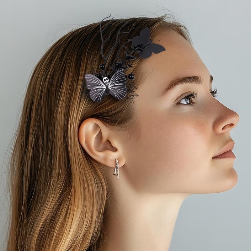 Halloween Hair Clip With Black Butterfly Bone Claw Skull Design For Women Girls Party Accessory
