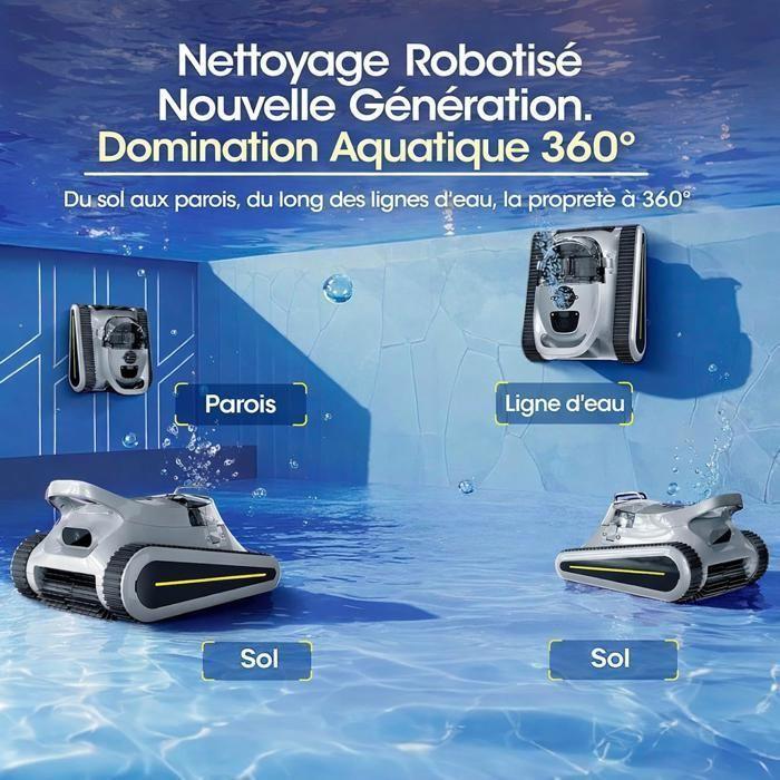 Robot de Piscine Sans Fil - Nettoyage Fond/Parois/Ligne d’eau - 180min&200m² d'Autonomie - Filtration Ultra-Fine - Bac 3L, avec APP