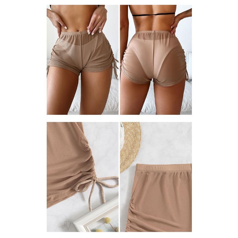 Women S Solid Color Sheer Mesh Drawstring Beach Bikini Shorts